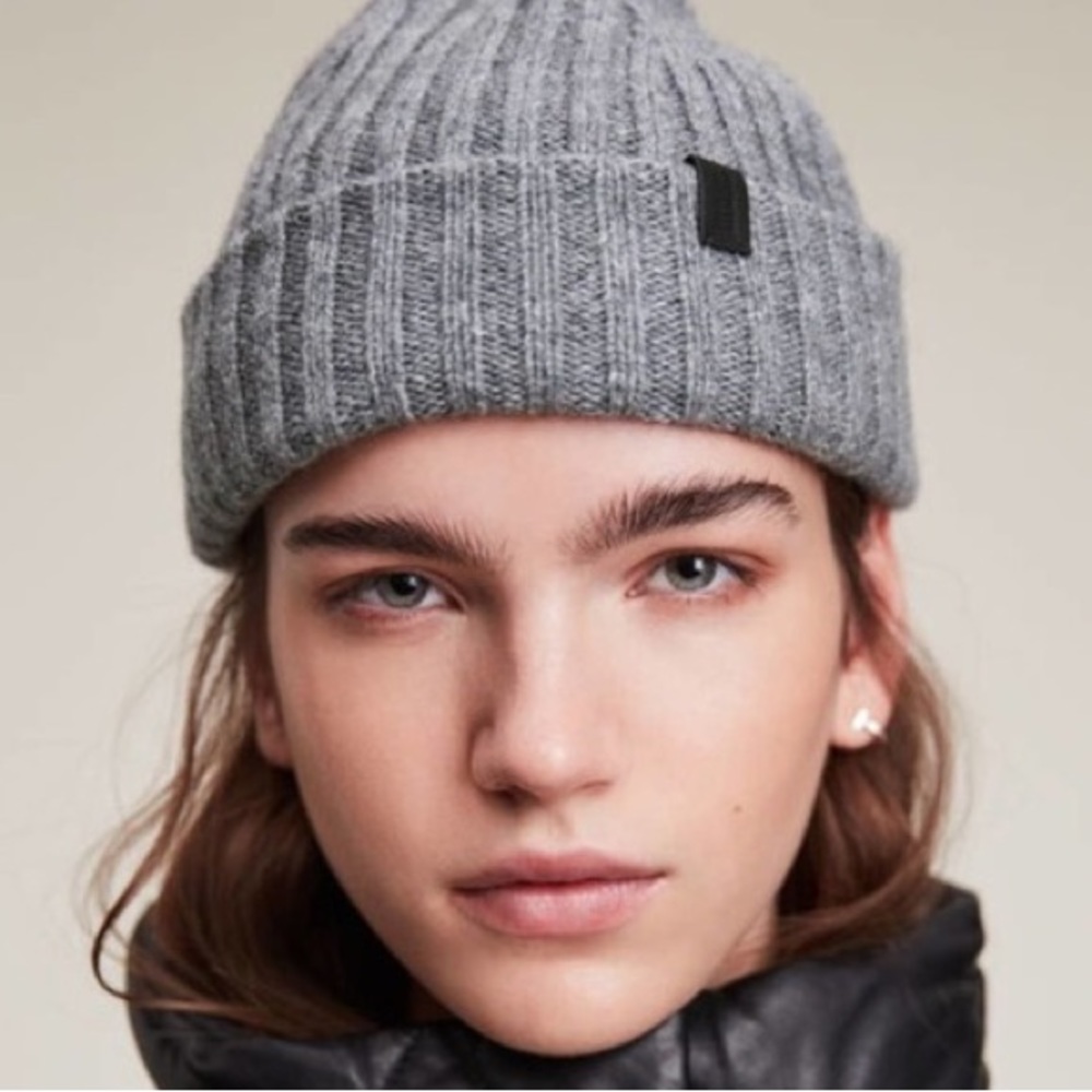 ALLSAINTS LONNIE RIBBED KNIT WOOL BEANIE GRAY MARL OS NWOT